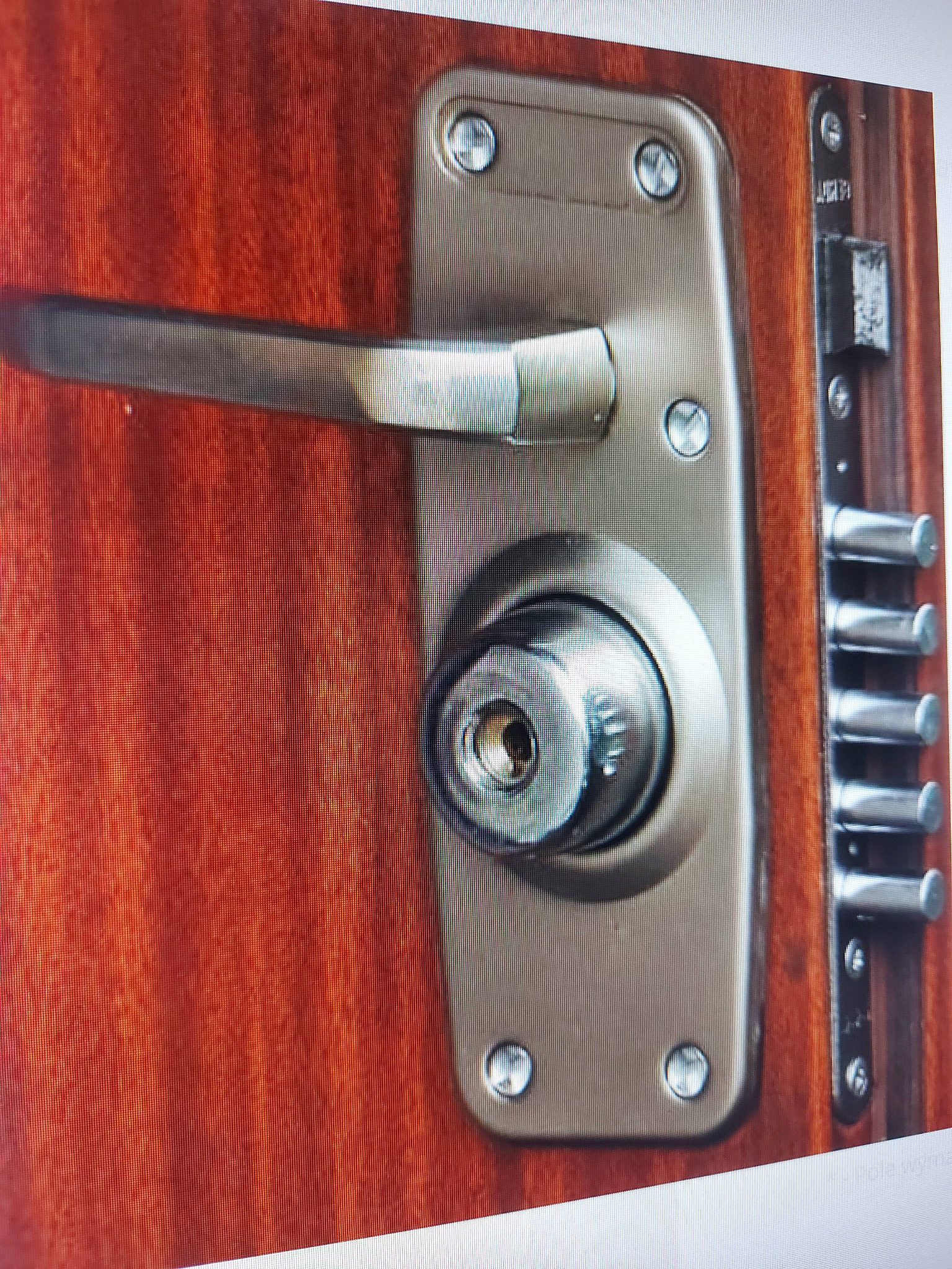 Zamek wielopunktowy w drzwiach z drewnianą okleiną, widoczne bolce i wkładka. Metalowa klamka i szyld zamka. Detal zabezpieczeń antywłamaniowych.