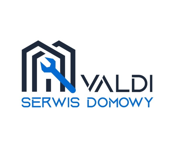 Logo firmy Valdi Serwis Domowy: grafika zarysów domów, klucz francuski, nazwa firmy i dopisek 'Serwis Domowy' w kolorze niebieskim na białym tle.