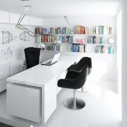 Jasne biuro architekta z białym biurkiem, laptopem, czarnymi krzesłami obrotowymi i regałami z książkami w tle. Na ścianie szkic perspektywiczny.