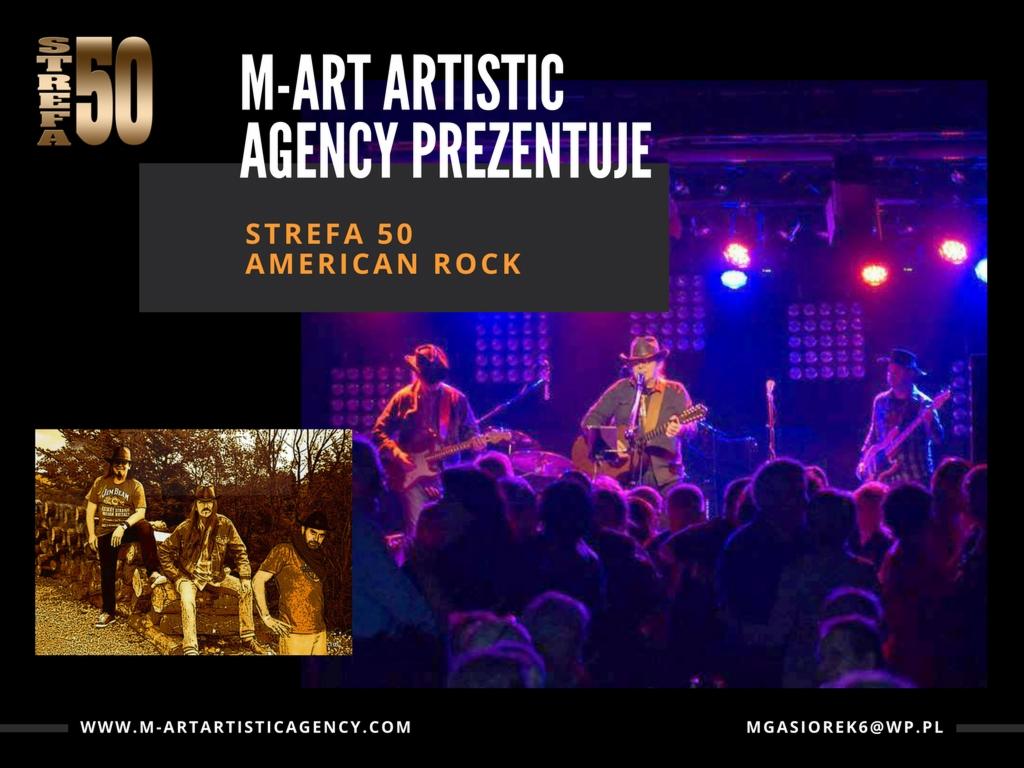 Plakat promujący zespół grający American Rock na scenie z oświetleniem i publicznością, obok zdjęcie zespołu w plenerze i logo agencji.