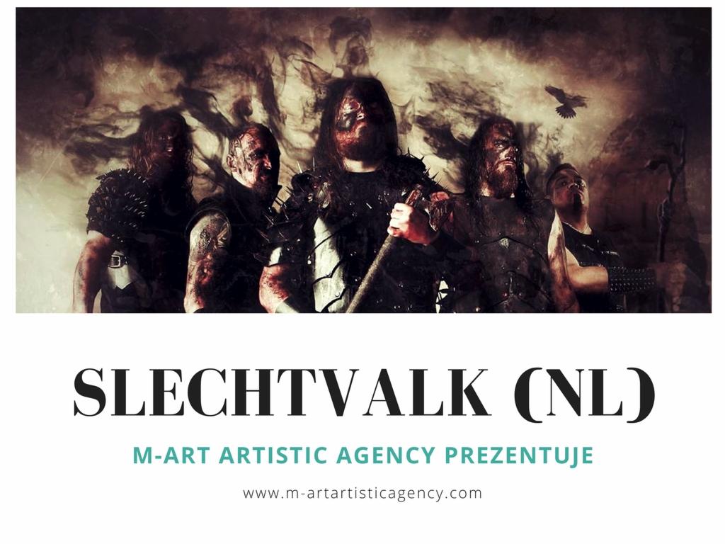 Mroczne zdjęcie zespołu muzycznego Slechtvalk (NL) z artystyczną agencją M-Art, stylizowane na black metal, z elementami kostiumów i makijażu scenicznego, w tle ciemny dym i sylwetka ptaka.