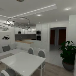 Wizualizacja nowoczesnego wnętrza: biała kuchnia z zabudową, jadalnia z białym stołem i szarymi krzesłami, sofa z szarymi poduszkami, czarno-białe grafiki na ścianie, dekoracyjny żyrandol i roślina...