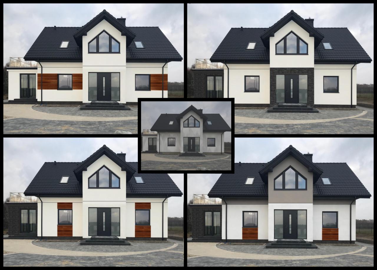 Wizualizacja domu jednorodzinnego z różnymi wariantami wykończenia elewacji: drewno, kamień, szary tynk, prezentowana w formie kolażu.