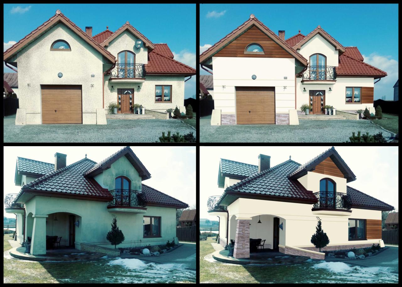 Porównanie wizualizacji elewacji domu jednorodzinnego przed i po zmianach, prezentujące różnice w kolorystyce, wykończeniu i elementach dekoracyjnych.