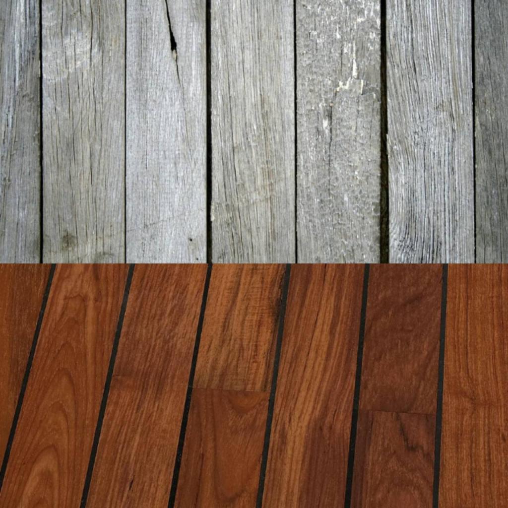 Porównanie dwóch rodzajów podłóg: na górze szare, postarzane deski, na dole parkiet z ciemnego drewna ułożony ukośnie.