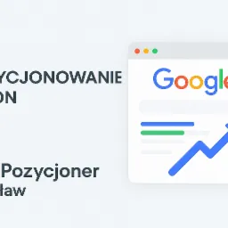 Grafika: Pozycjonowanie stron, SEO Pozycjoner Wrocław. Ikona Google z rosnącą strzałką, symbolizującą wzrost pozycji w wyszukiwarce. Stonowana kolorystyka.