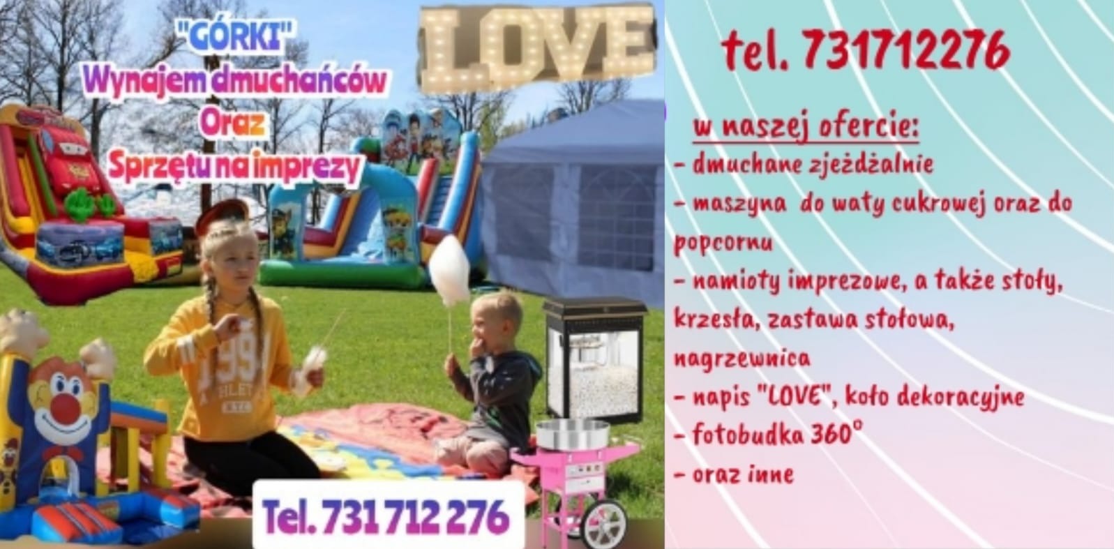 Dmuchane zamki, maszyna do waty cukrowej i popcornu, namiot imprezowy, napis LOVE i fotobudka 360 - oferta na imprezy plenerowe z numerem telefonu.
