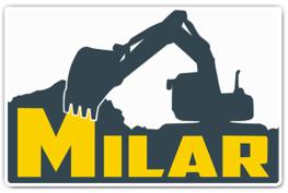 Grafika wektorowa przedstawiająca sylwetkę koparki na tle hałdy, z dużym, żółtym napisem 'MILAR' u dołu. Całość umieszczona w białej ramce.