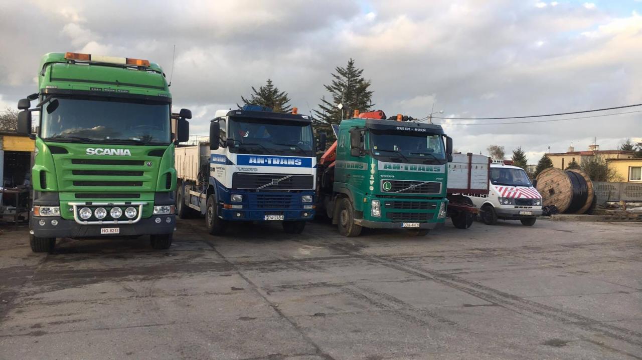 Flota pojazdów transportowych różnych marek, w tym Scania i Volvo, zaparkowana na betonowym placu z widocznymi śladami opon, na tle pochmurnego nieba i budynków.