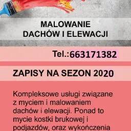 Grafika reklamowa z pędzlem rozpryskującym kolorowe farby, informująca o kompleksowych usługach mycia i malowania dachów i elewacji, a także o zapisach na sezon 2020.