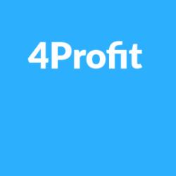 Logo firmy '4Profit' na jasnoniebieskim tle.