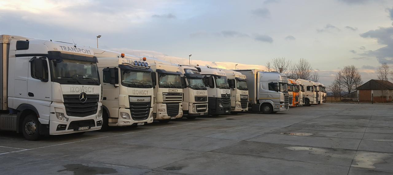Rząd zaparkowanych ciężarówek różnych marek (Mercedes, DAF, Volvo) firmy Iżowscy na betonowym placu, widok z niskiej perspektywy przy pochmurnym niebie.
