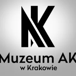 Czarno-białe logo z abstrakcyjnym symbolem litery K i napisem Muzeum AK w Krakowie, z logo firmy Fox Agencja w lewym górnym rogu.