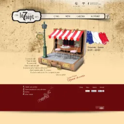 Ilustracja strony internetowej bistro z motywem walizki, zawierającej miniaturowy stolik kawiarniany pod markizą, z logo 'le7sept' w lewym górnym rogu i menu w dolnej części, stylizowana...