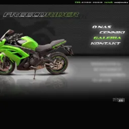 Grafika strony internetowej z zielonym motocyklem na pierwszym planie i menu nawigacyjnym po prawej stronie, z logo Freecorider w górnej części.