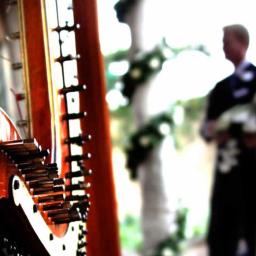 H&K Art - Bliski plan czerwonej harfy koncertowej z parą młodą w tle podczas ceremonii ślubnej na zewnątrz.