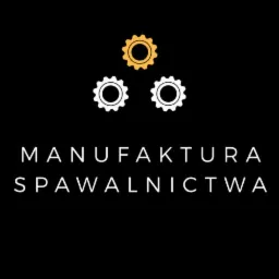 Logo firmy z napisem 'MANUFAKTURA SPAWALNICTWA' i trzema kołami zębatymi: jednym złotym i dwoma białymi, na czarnym tle.