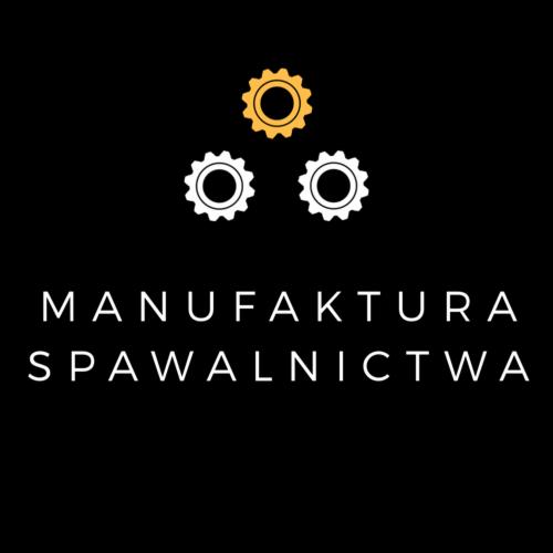 Logo firmy z napisem 'MANUFAKTURA SPAWALNICTWA' i trzema kołami zębatymi: jednym złotym i dwoma białymi, na czarnym tle.