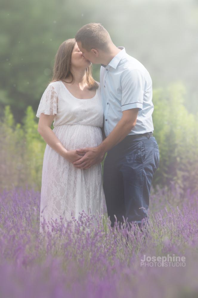 Przyszła mama w koronkowej sukience i jej partner całujący się w polu lawendy, delikatne światło słoneczne, zdjęcie ciążowe.