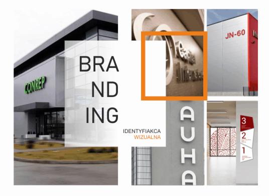 Kompozycja kolażu zdjęć prezentujących elementy identyfikacji wizualnej firmy, w tym logo na budynku, oznakowanie zewnętrzne i wewnętrzne.