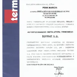 Skan certyfikatu autoryzowanego instalatora firmowego Termet dla Pana Marcina Penka z firmy Instalex Usługi Hydrauliczne, ważny do 2022.05.31, z podpisem Prezesa Zarządu Ryszarda Satyły.