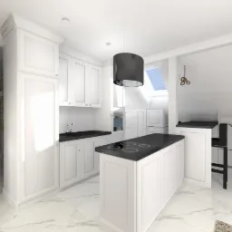 Wizualizacja nowoczesnej kuchni w bieli z czarnymi blatami, wyspą kuchenną z płytą indukcyjną i wiszącą czarną lampą, marmurowa podłoga, widok na okno dachowe.