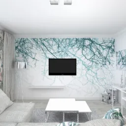Wizualizacja salonu z białą sofą, stolikiem kawowym, telewizorem na ścianie z motywem drzewa, lampą podłogową i zasłonami w kwiaty.