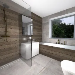 Wizualizacja łazienki z drewnianymi panelami ściennymi, kabiną prysznicową typu walk-in, białą szafką umywalkową i wanną pod oknem.