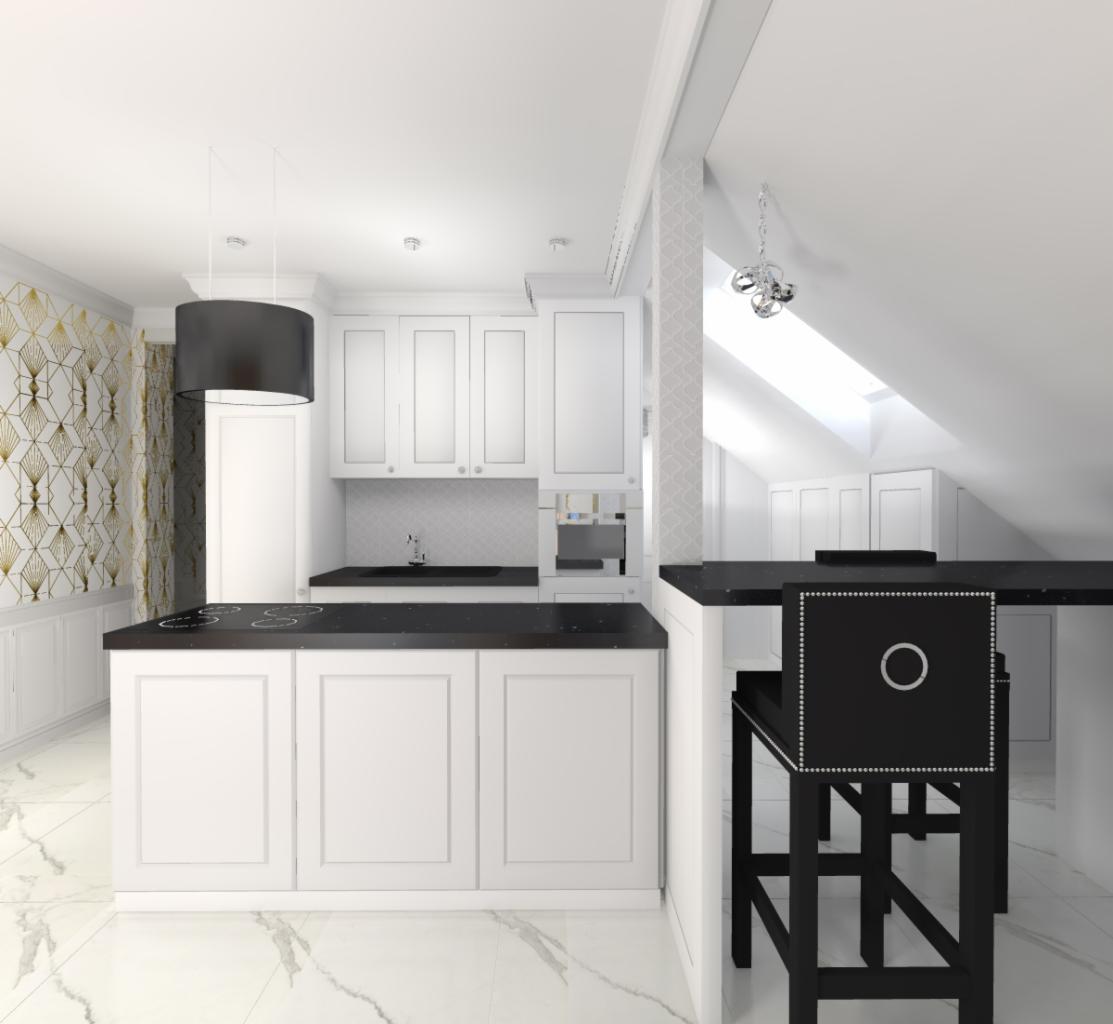 Wizualizacja kuchni w stylu glamour z białymi szafkami, czarnym blatem, marmurową podłogą i tapetą w geometryczne złote wzory. Nad wyspą kuchenną zawieszona jest czarna lampa. W tle widoczne...