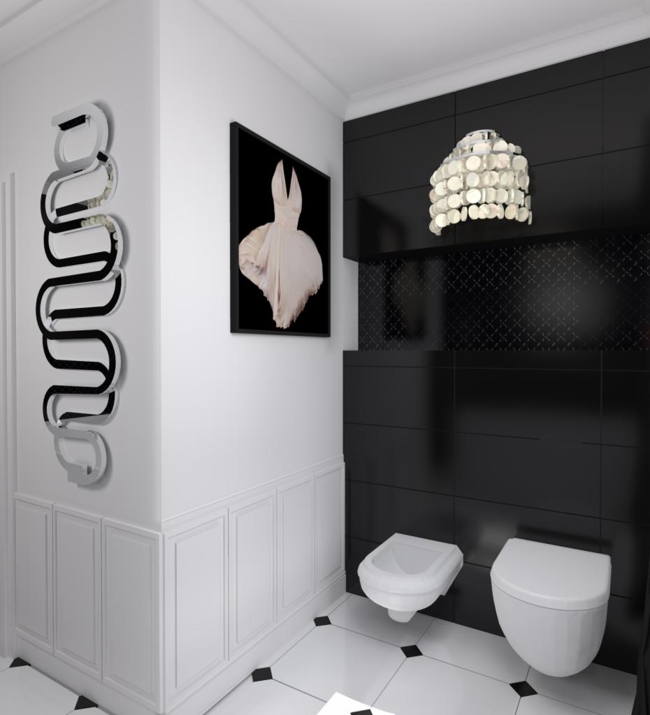 Nowoczesna łazienka w czerni i bieli z dekoracyjnym lustrem na ścianie, obrazem w czarnej ramie i designerskim żyrandolem