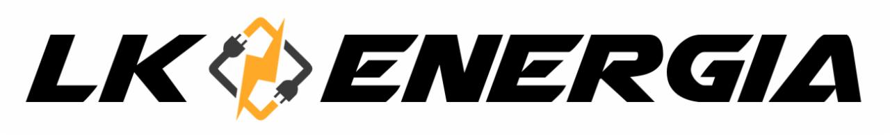 Logo firmy LK Energia z symbolem wtyczki elektrycznej w kolorze pomarańczowo-czarnym, umieszczonym pomiędzy literami LK i słowem ENERGIA, wszystko na białym tle.