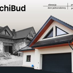 ArchiBud - Porównanie stanu surowego i wykończonej elewacji domu jednorodzinnego z garażem, z logo firmy ArchiBud.