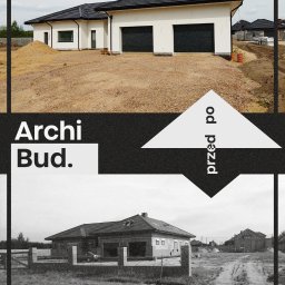 ArchiBud - Porównanie stanu domu przed i po remoncie: górne zdjęcie przedstawia dom z białą elewacją i czarnym dachem, dolne zdjęcie w czerni i bieli ukazuje stan pierwotny z elewacją w trakcie prac budowlanych.