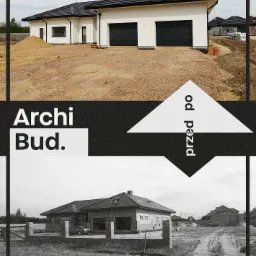 Porównanie stanu domu przed i po remoncie: górne zdjęcie przedstawia dom z białą elewacją i czarnym dachem, dolne zdjęcie w czerni i bieli ukazuje stan pierwotny z elewacją w trakcie prac budowlanych.