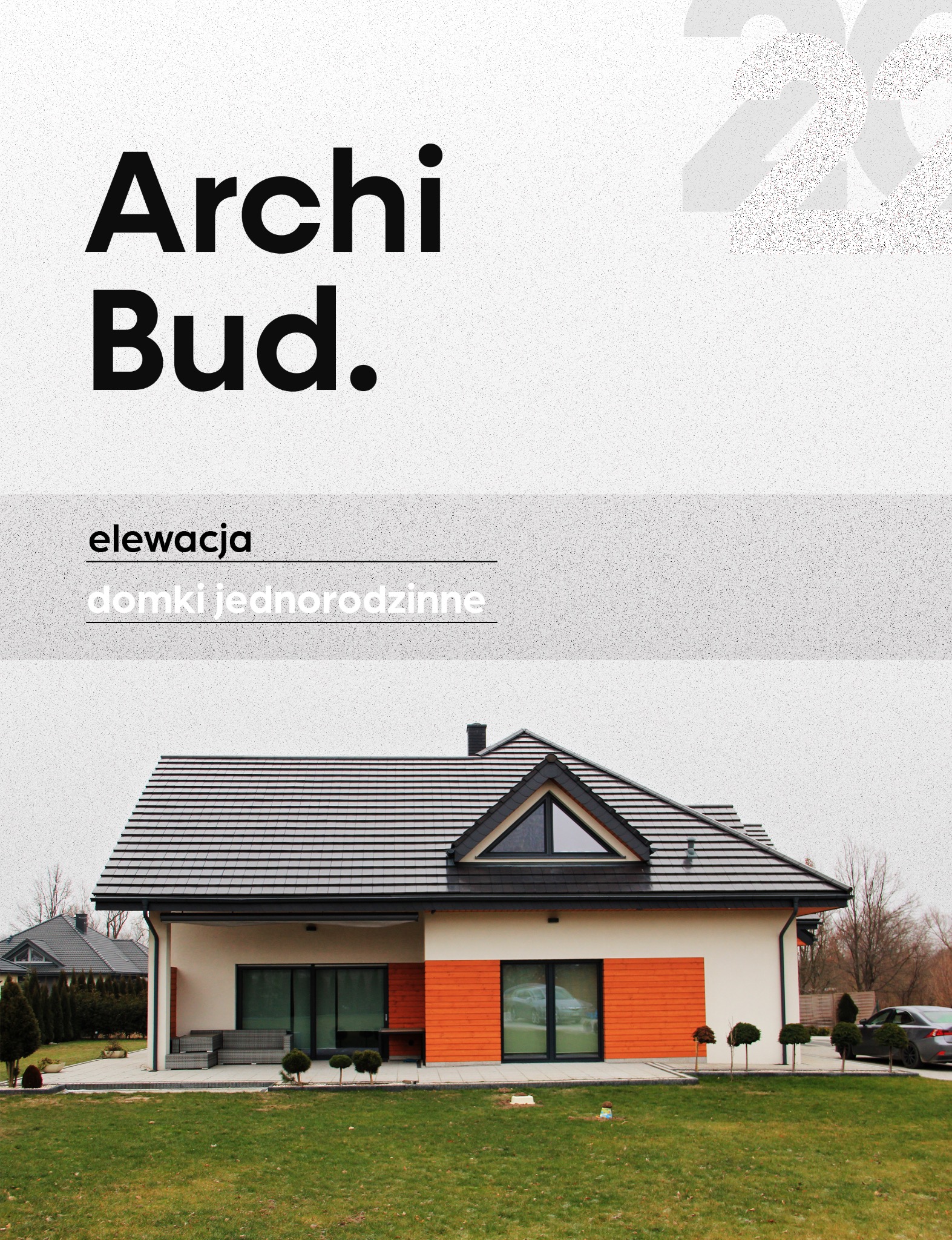 Nowoczesny dom jednorodzinny z elewacją w kolorze białym i pomarańczowym, z ciemną dachówką, widok z ogrodu, szara kostka brukowa na tarasie, minimalistyczne krzewy ozdobne.