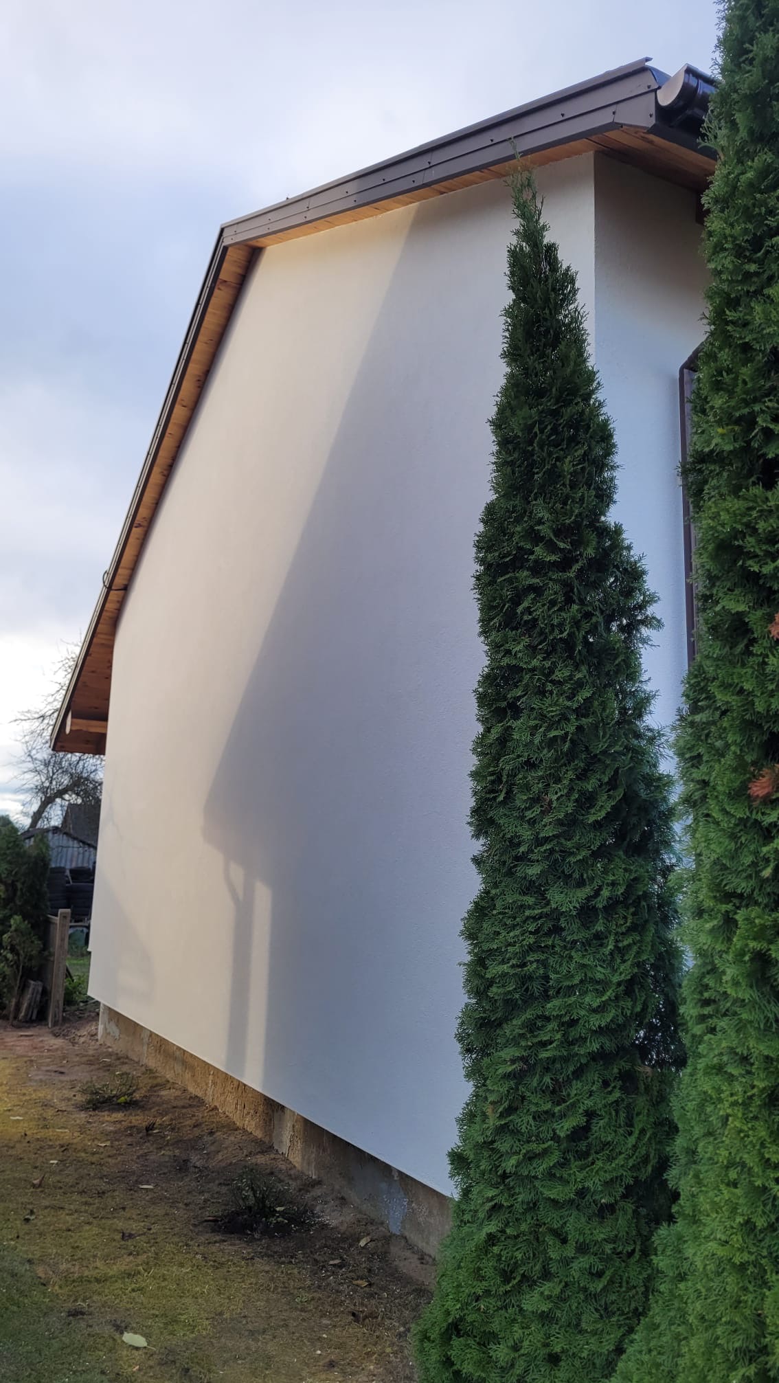 Boczny widok otynkowanej, jasnej elewacji domu jednorodzinnego z brązowymi elementami wykończeniowymi, obok rosną wysokie tuje.