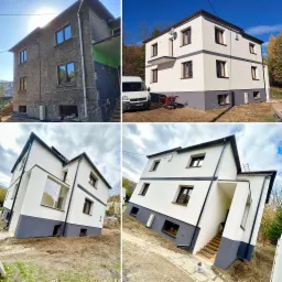 Czteropanelowe porównanie stanu budynku przed i po renowacji elewacji w Cieszynie, z uwzględnieniem ocieplenia i nowego tynku w kolorach bieli i szarości.