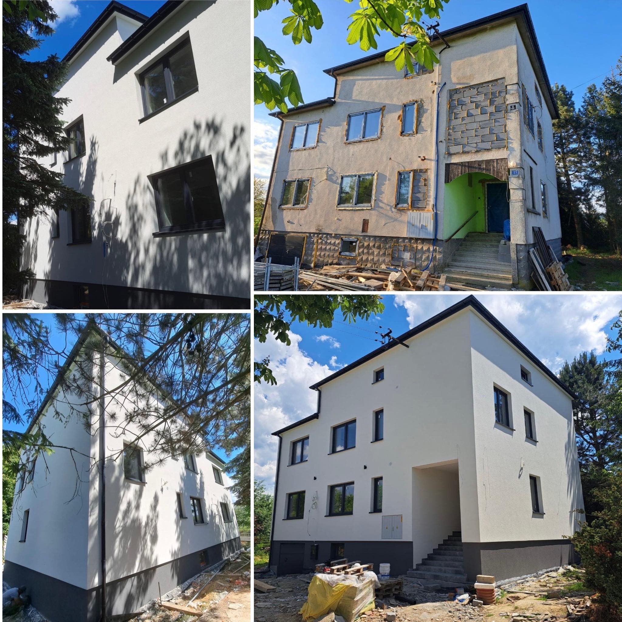 Czteropanelowe zdjęcie domu: przed i po renowacji elewacji, z widocznymi detalami tynkowania i malowania, z elementami rusztowania i materiałów budowlanych w tle.