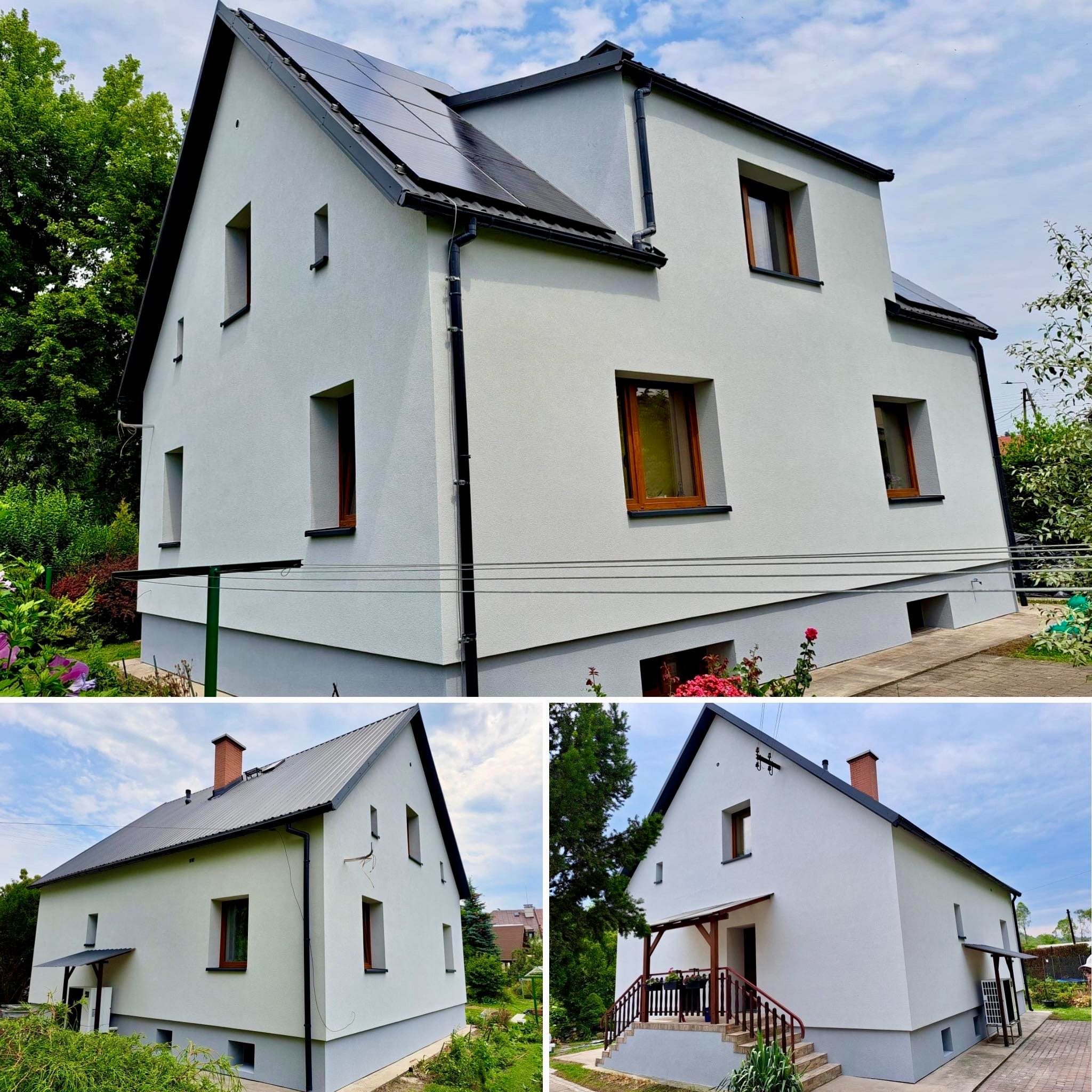 Dom jednorodzinny z jasną elewacją i ciemną podmurówką, widok z trzech różnych perspektyw, z panelami słonecznymi na dachu i drewnianymi ramami okiennymi.