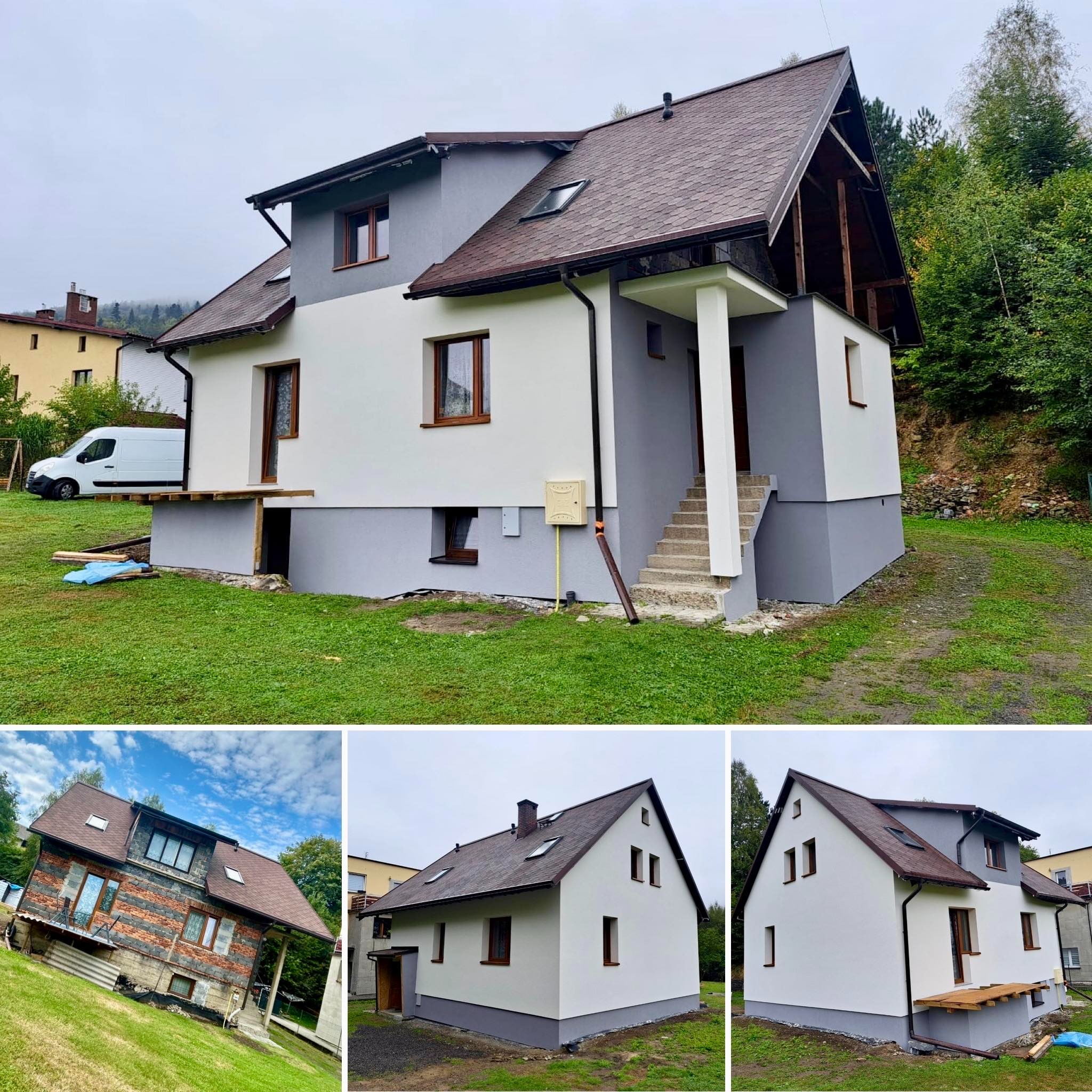 Dwukondygnacyjny dom po częściowym remoncie elewacji: szara podmurówka, biała górna część ścian, brązowy dach, widoczne rusztowanie balkonu i biały dostawczy van w tle.