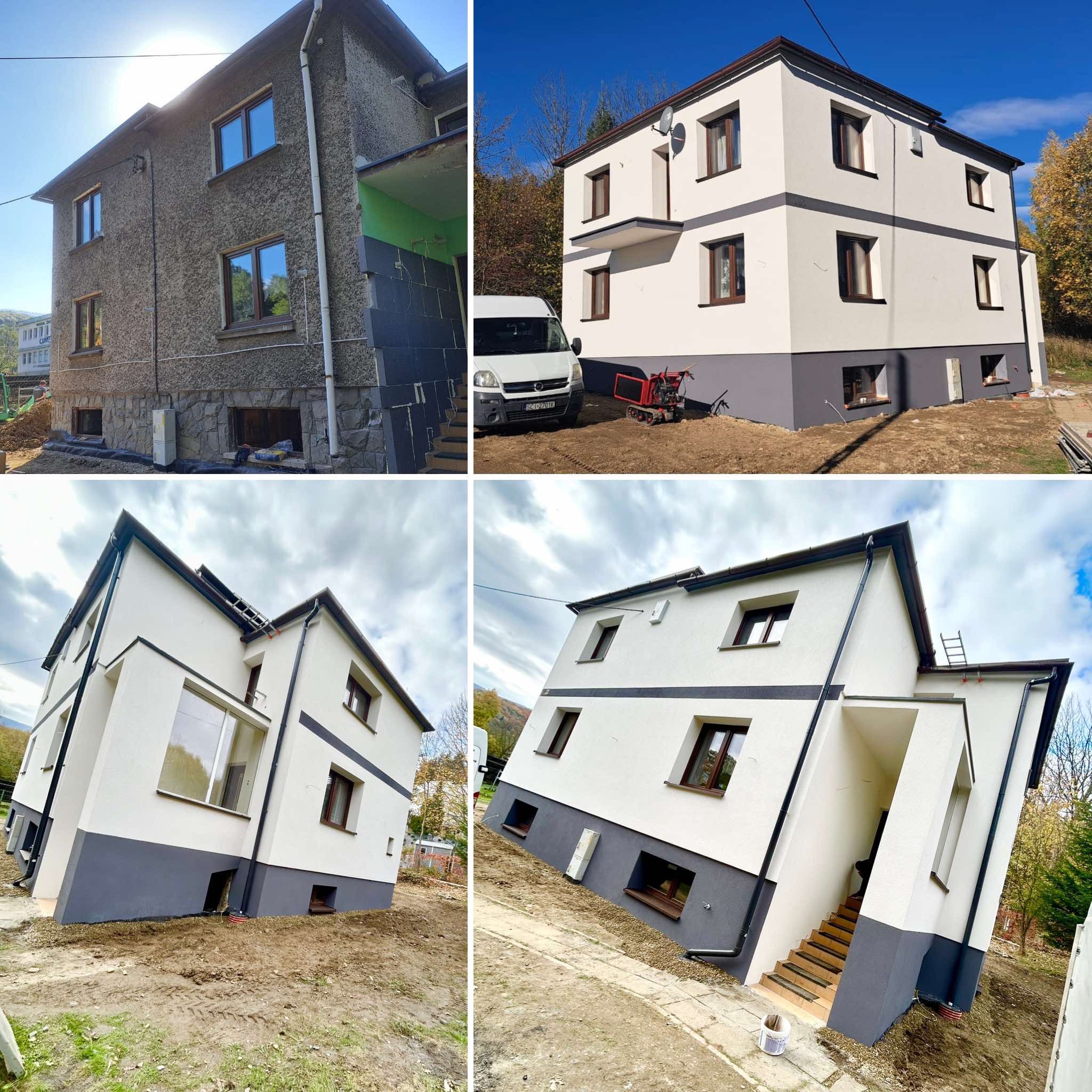 Czteropanelowe porównanie stanu budynku przed i po renowacji elewacji w Cieszynie, z uwzględnieniem ocieplenia i nowego tynku w kolorach bieli i szarości.