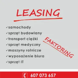 Grafika informacyjna z czerwonym napisem LEASING przekreślonym czerwoną linią, listą akceptowanych przedmiotów oznaczonych symbolem odhaczenia oraz przekreślonym napisem FAKTORING, a także numerem...