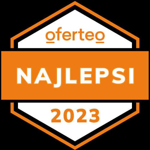 Oferteo - Najlepsi 2023, pomarańczowo-biała grafika w kształcie sześciokąta.