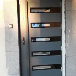 Nowoczesne, szare drzwi wejściowe z poziomymi przeszkleniami, osadzone w surowej, nieotynkowanej ścianie z bloczków betonowych; widoczna wycieraczka przed progiem.