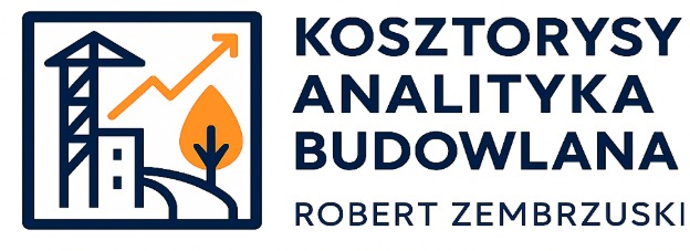 Logo firmy Roberta Zembrzuskiego: Kosztorysy, Analiza Budowlana. Grafika z dźwigiem, budynkiem i rosnącym wykresem w ramce.