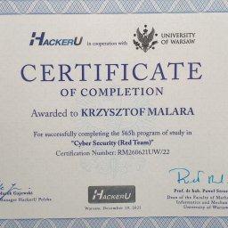 Certyfikat HackerU - Uniwersytet Warszawski