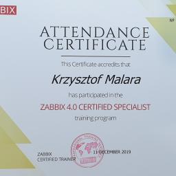Certyfikat ukończenia szkolenia - Zabbix 4.0 Certified Specialist (ZCS)
