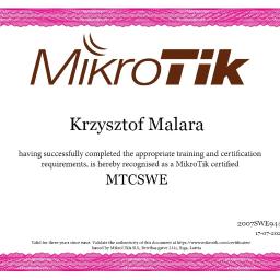 Certyfikat zdania egzaminu Mikrotik - Switching - MTCSWE