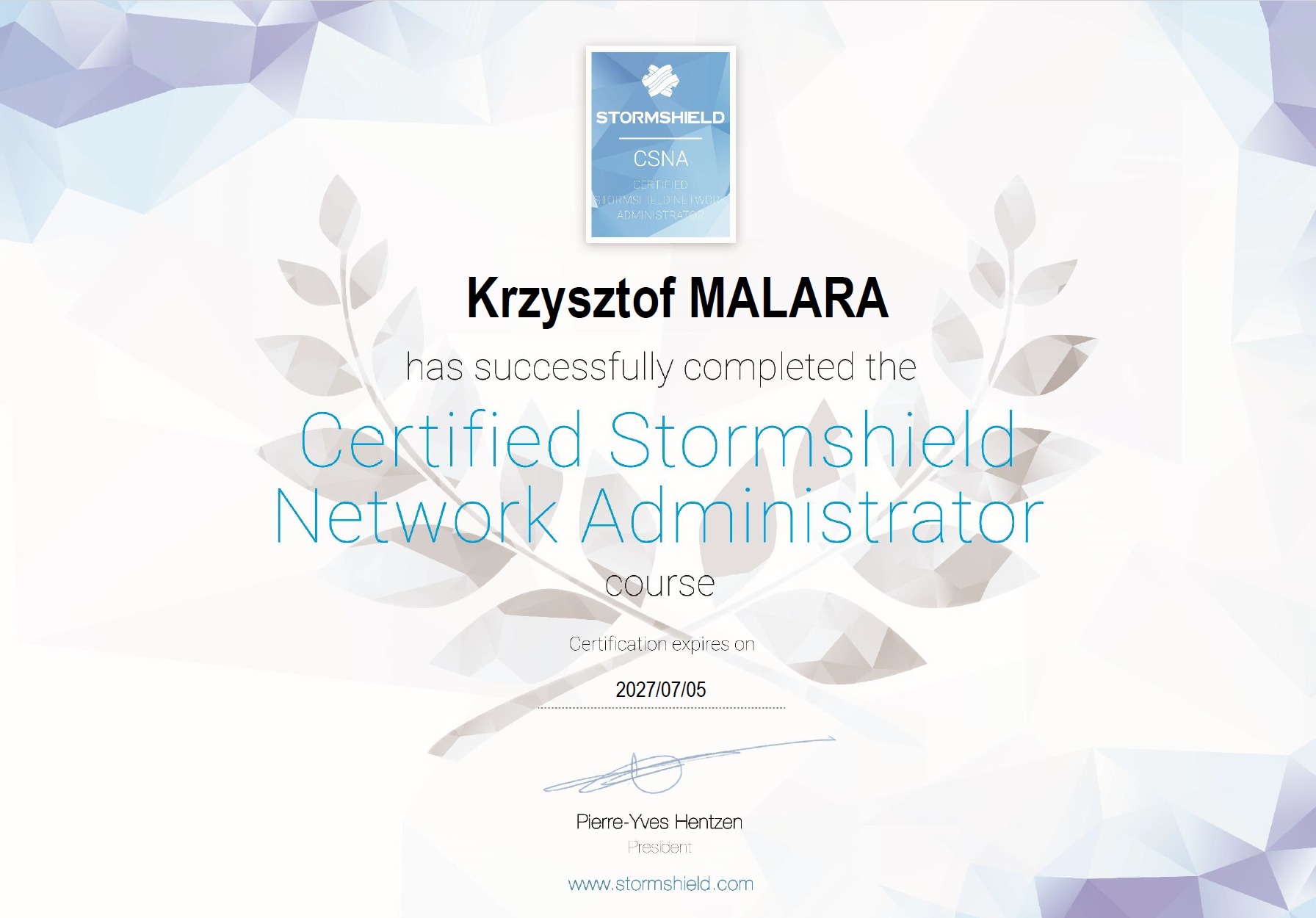 Certyfikat Stormshield Network Administrator dla Krzysztofa Malary, ważny do 2027/07/05.