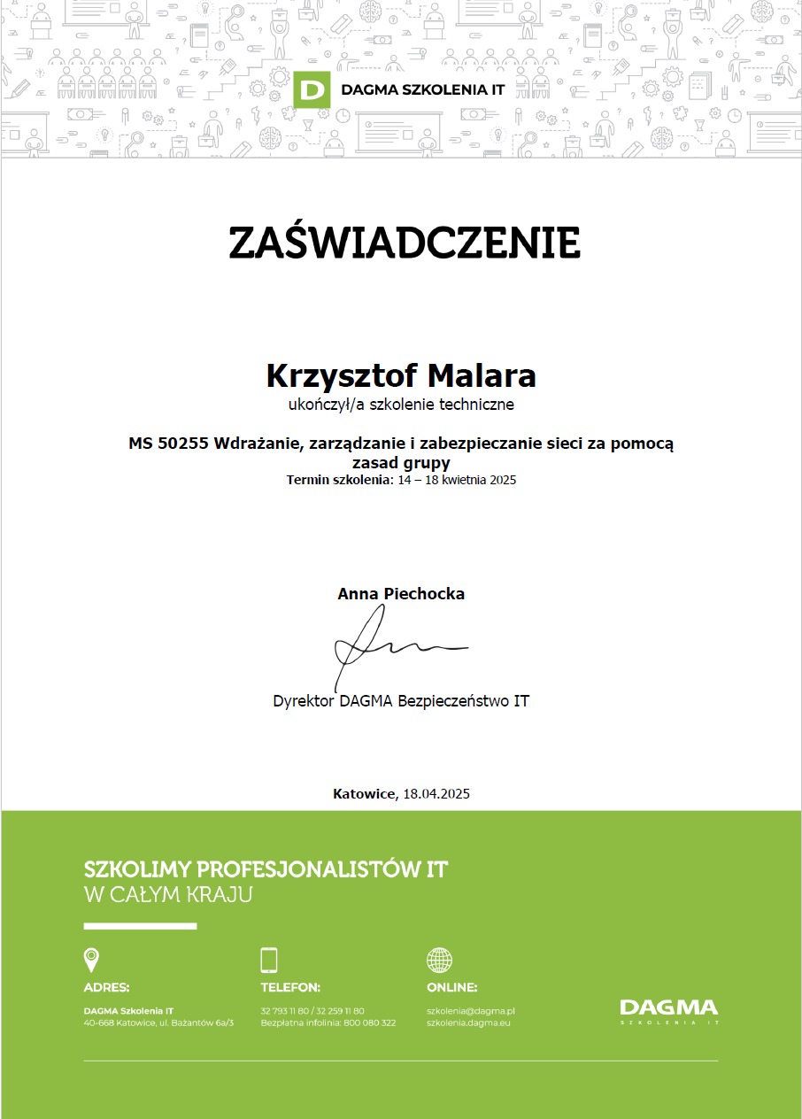 MS 50255 Wdrażanie, zarządzanie i zabezpieczanie sieci za pomocą zasad grupy